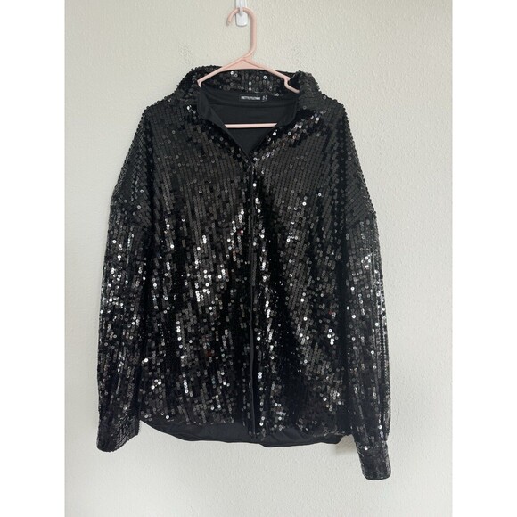 Pretty Little Thing Black Sequin Blazer Button Down Top Size 8 Disco Party Girly - Picture 2 of 9